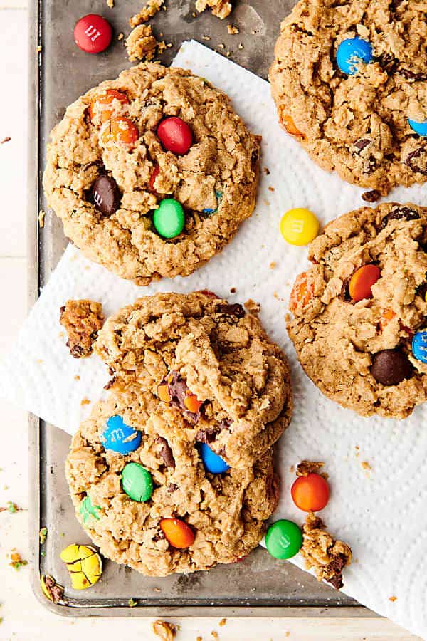 Monster cookies on baking sheet from above 