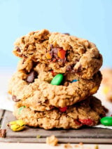 The Best Monster Cookie Recipe. Naturally gluten free cookies loaded with butter, brown sugar, granulated sugar, vanilla, creamy peanut butter, oats, M&Ms, and chocolate chips. They really are the best monster cookies ever! showmetheyummy.com #monstercookies #monster #cookie #glutenfree #peanutbutter #oats #chocolate