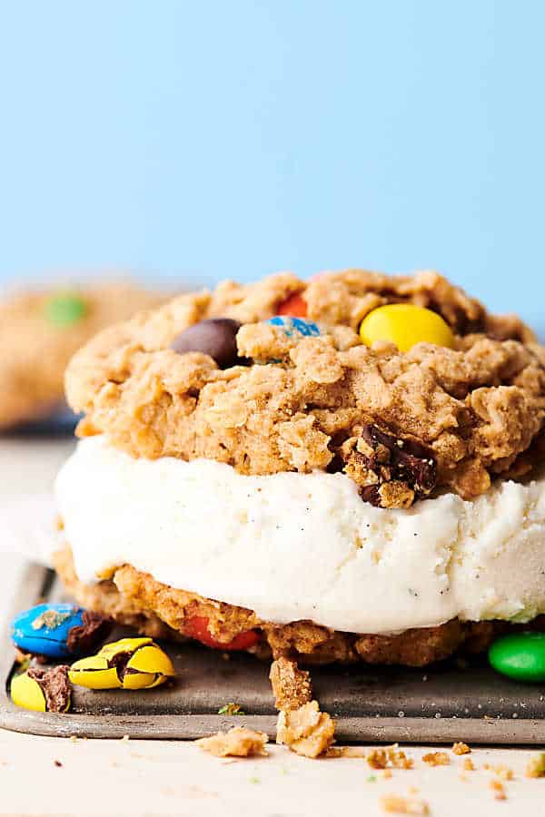 Ice cream cookie sandwich on baking sheet from the side 