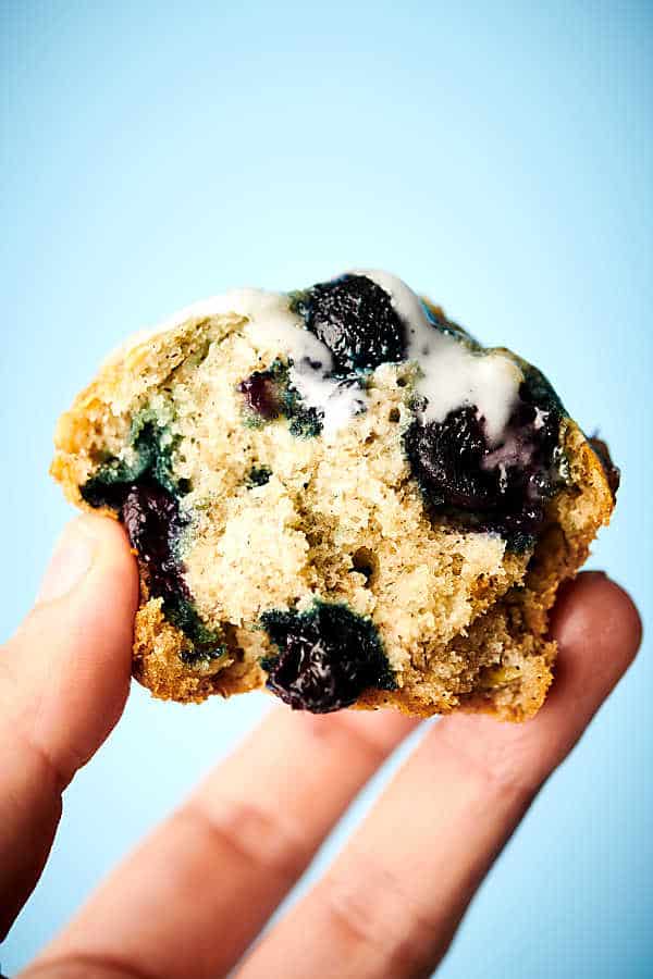 vegan blueberry muffins holding in hand