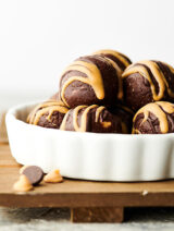 no bake chocolate peanut butter energy bites stacked
