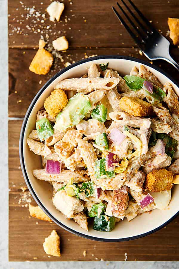 healthy chicken caesar pasta salad above
