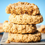 Four peanut butter oatmeal cookies stacked