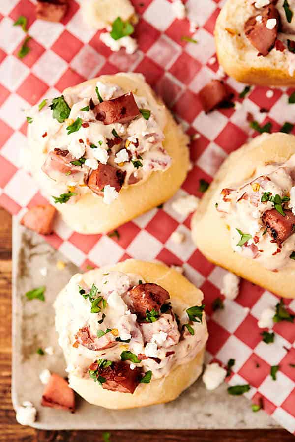 Turkey Smoked Sausage Dip in Bread Bowls overhead