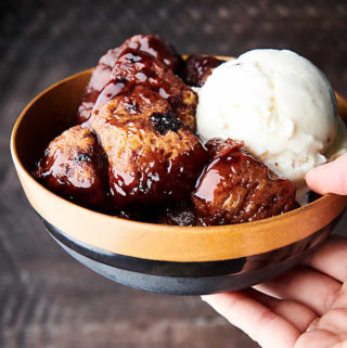 Slow Cooker Cherry Cobbler brown background