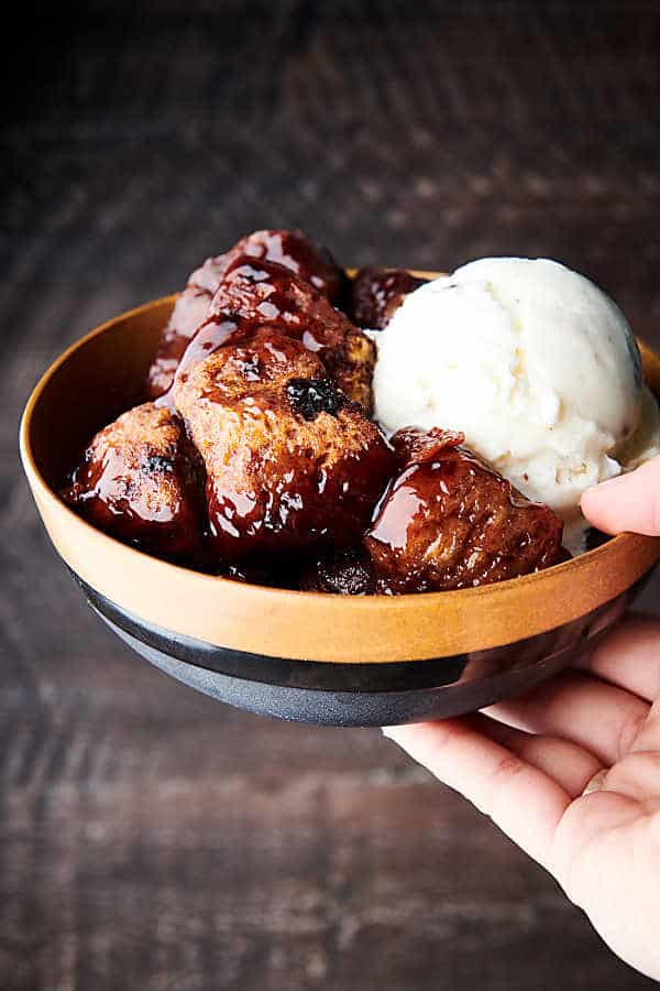 Slow Cooker Cherry Cobbler brown background