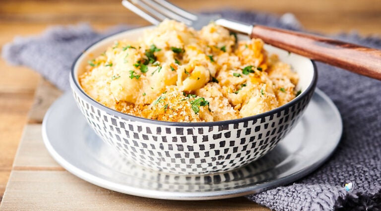 Bowl of baked crab mac and cheese
