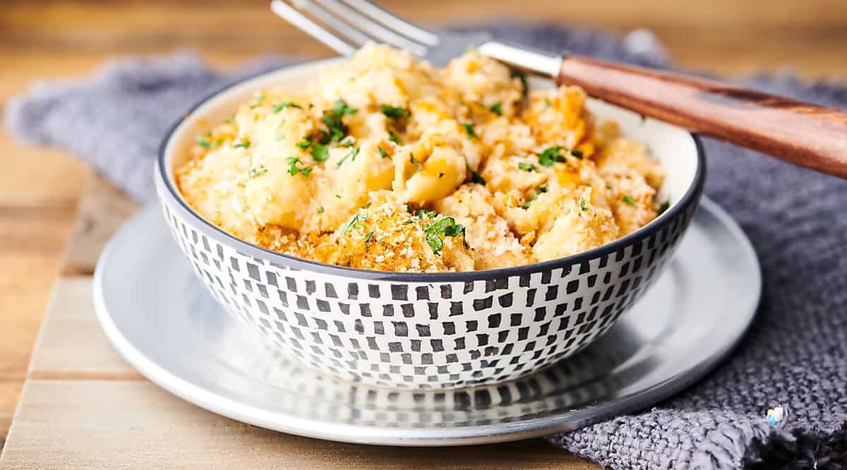 Bowl of baked crab mac and cheese