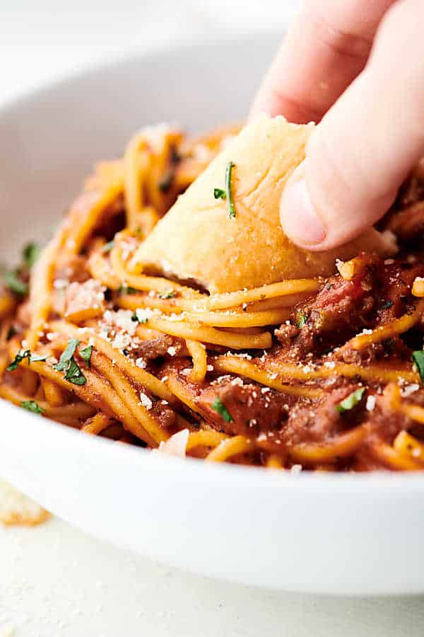 Instant Pot Spaghetti close up with breadstick