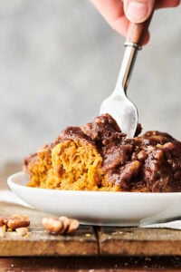 crockpot sweet potato casserole with fork