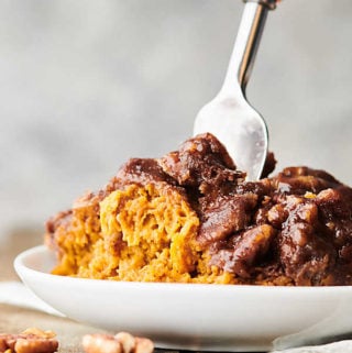 crockpot sweet potato casserole with fork