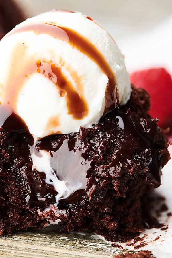 cake mix chocolate lava cake topped with ice cream close up