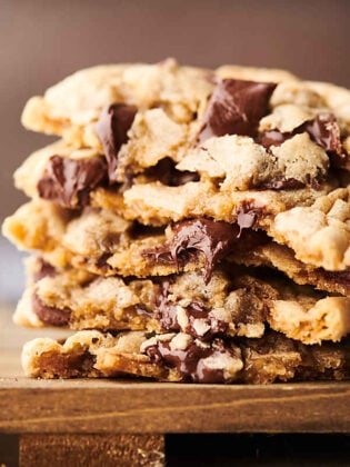 chewy chocolate chip cookies stacked
