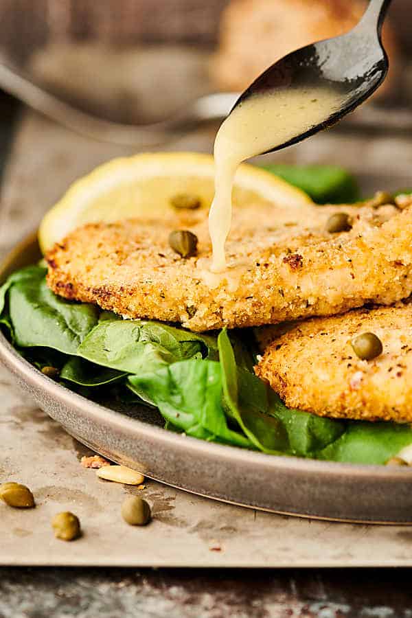 air fryer chicken piccata with lemon sauce drizzle