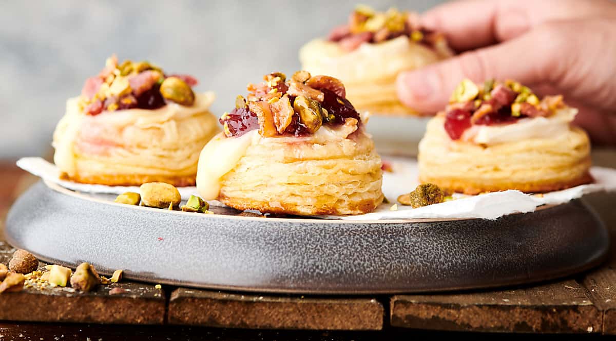 Cranberry Brie Bites With Crushed Bacon And Salted Pistachios