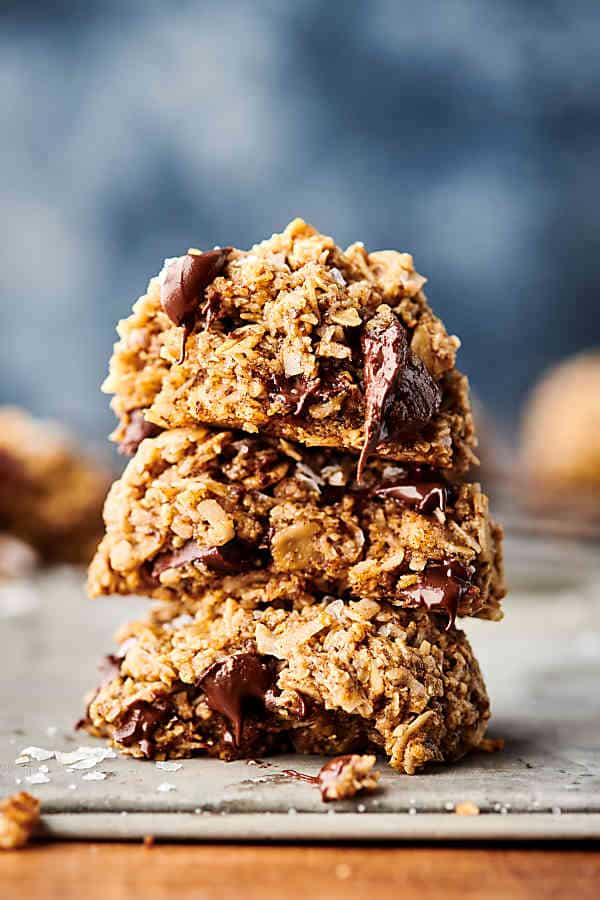 Three healthy oatmeal chocolate chip cookies stacked 