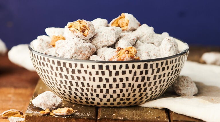 Bowl of peanut butter pretzel snack mix