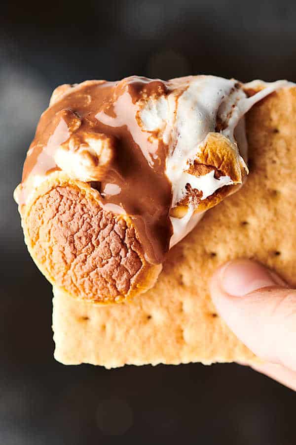 peanut butter chocolate smores dip on graham cracker