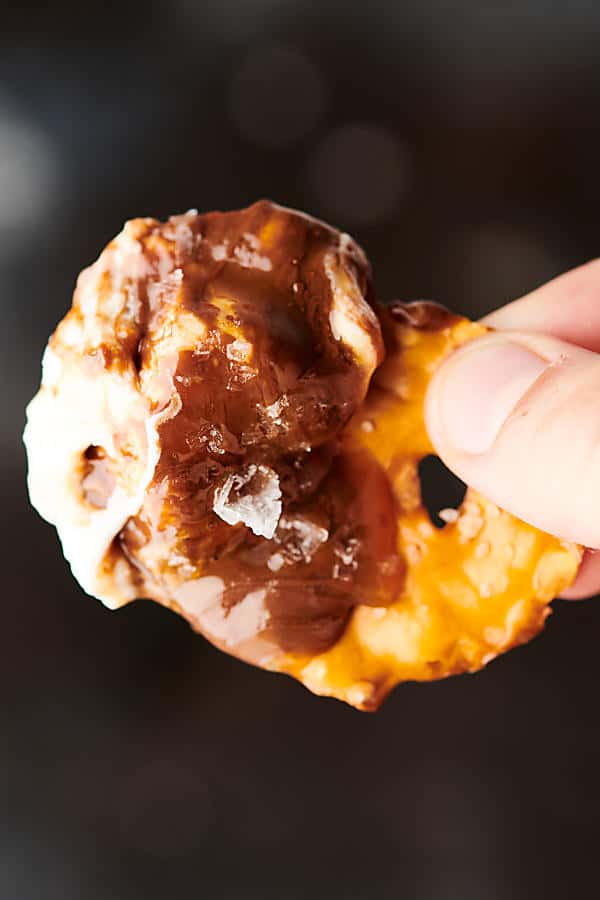 salted caramel smoes dip on pretzel crisp