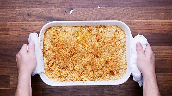 Finished baked crab mac and cheese