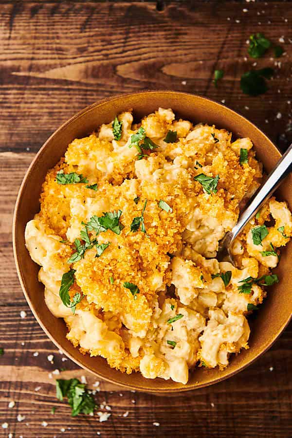 Bowl of baked mac and cheese above