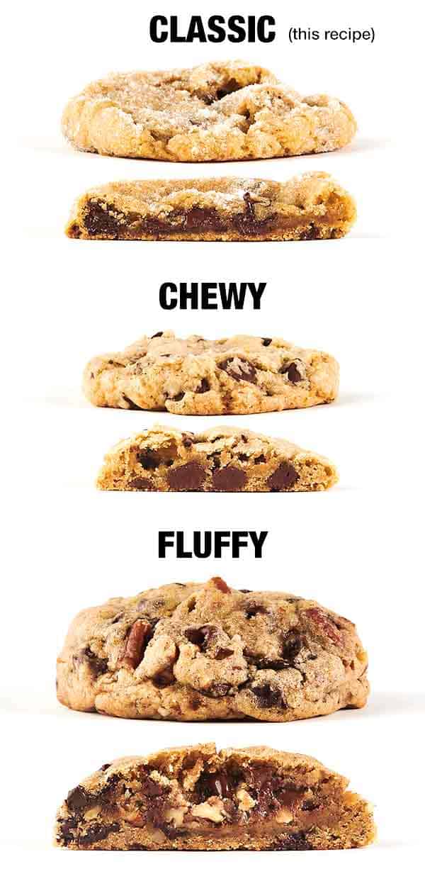 comparison of classic, chewy, and fluffy chocolate chip cookies
