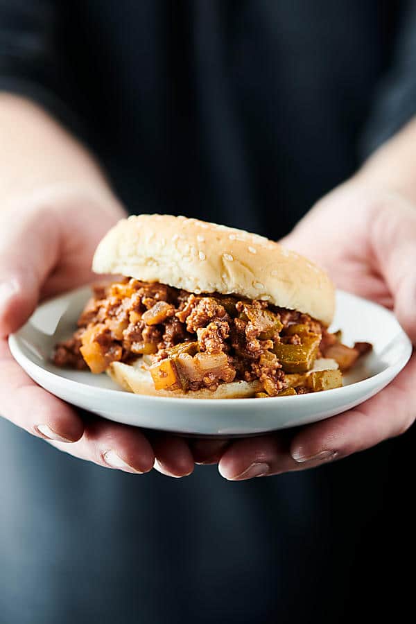 Sloppy joe on a plate held in two hands