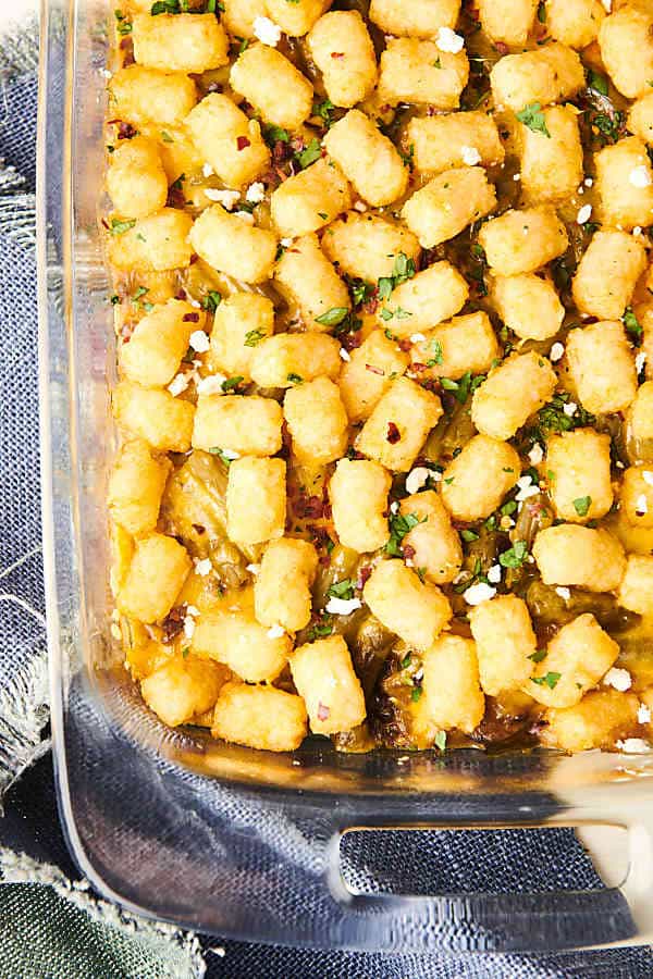 Baking dish of tater tot casserole above