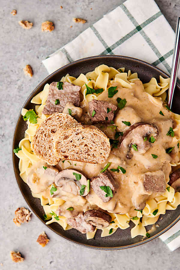 plate of beef stroganoff above