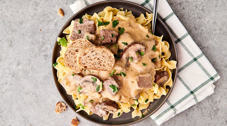 plate of beef stroganoff above