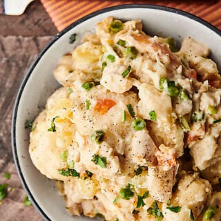 bowl of chicken and dumplings above