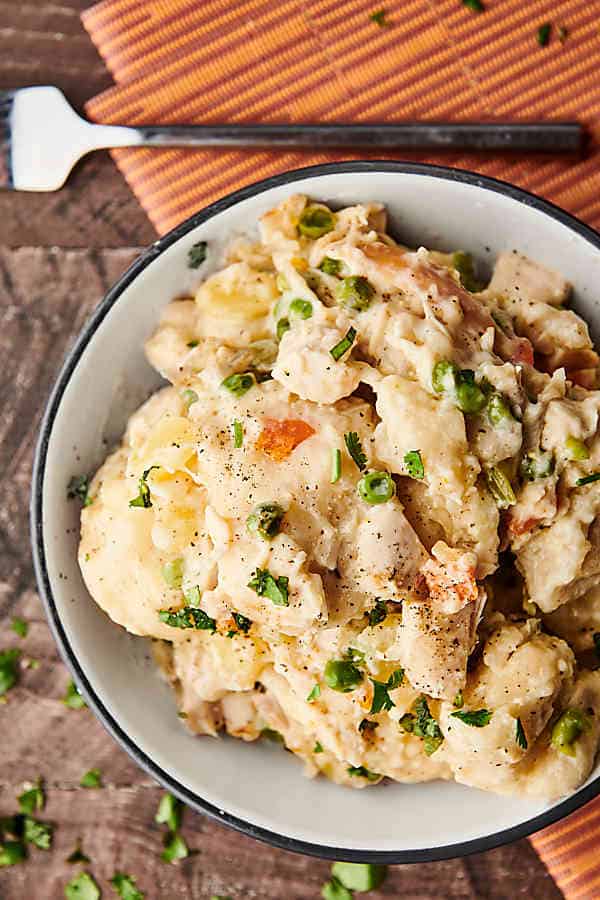 bowl of chicken and dumplings above