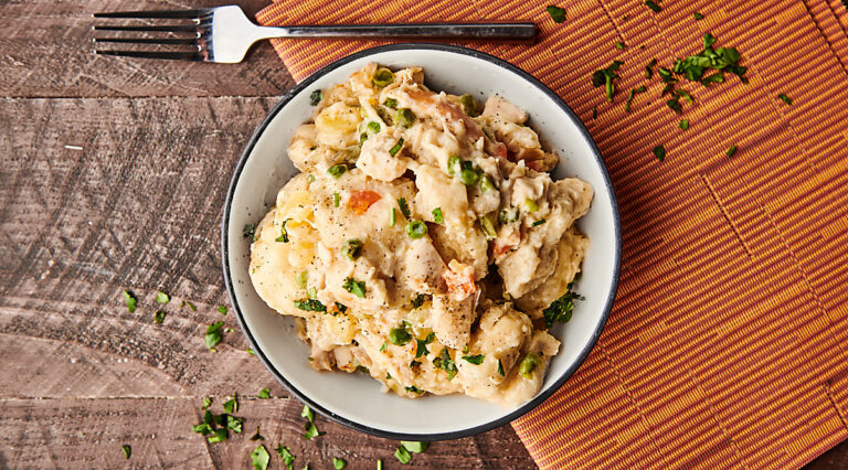 bowl of chicken and dumplings above
