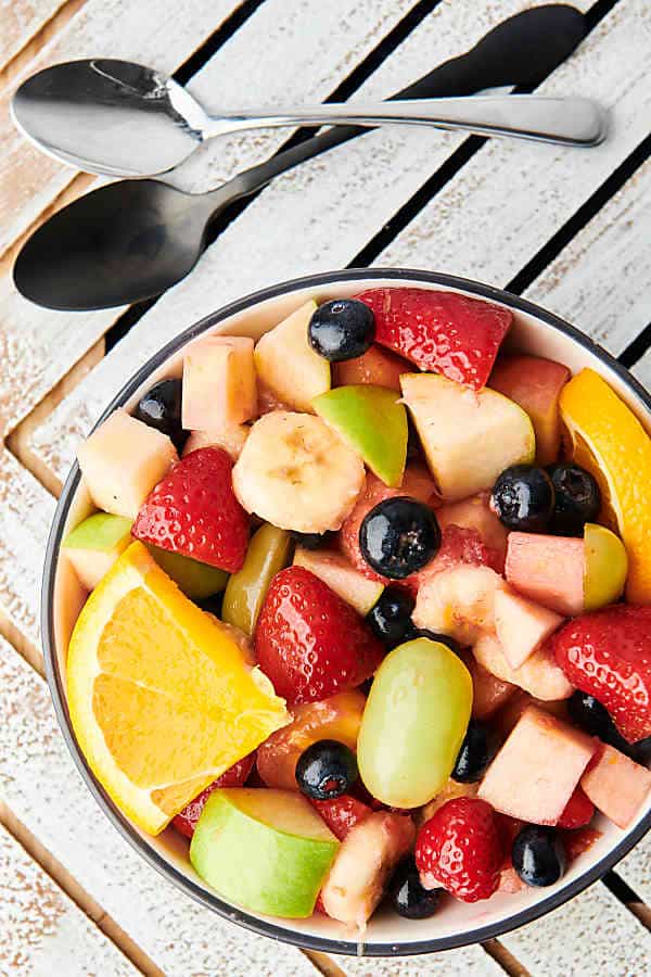 Bowl of fruit salad above