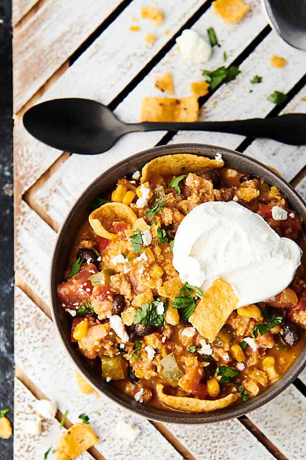 Bowl of taco soup above