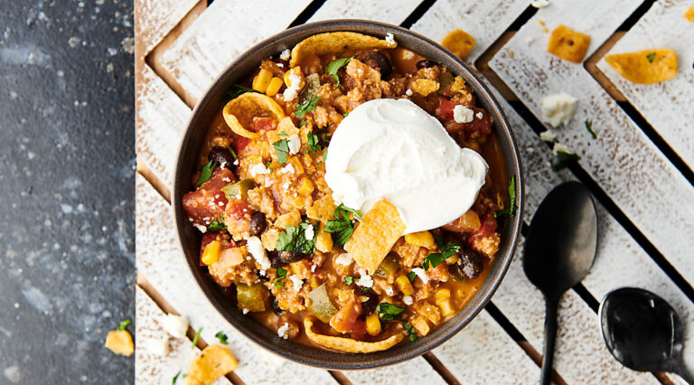 Taco soup bowl above