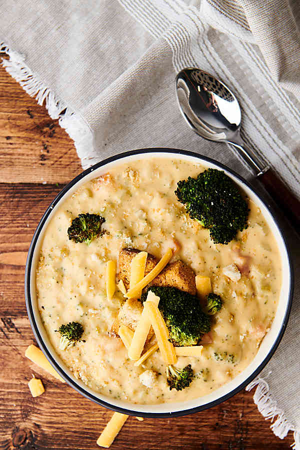 bowl of broccoli cheddar soup above