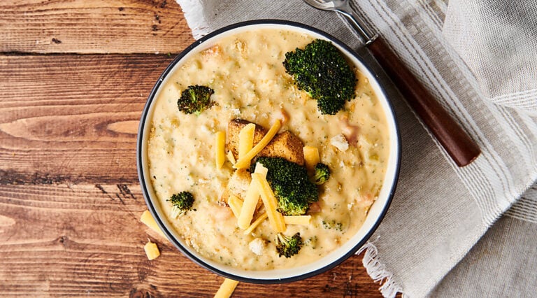 bowl of broccoli cheddar soup above