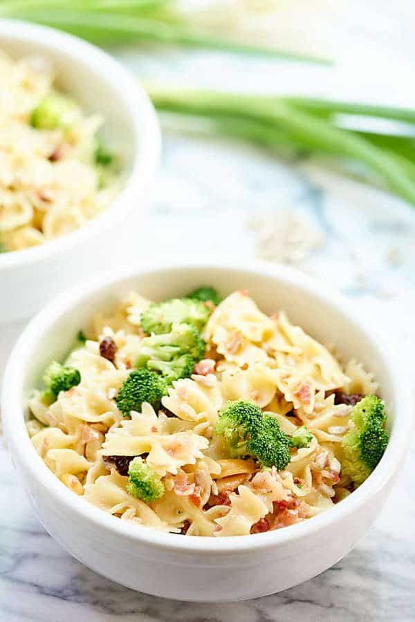 bowl of broccoli pasta salad