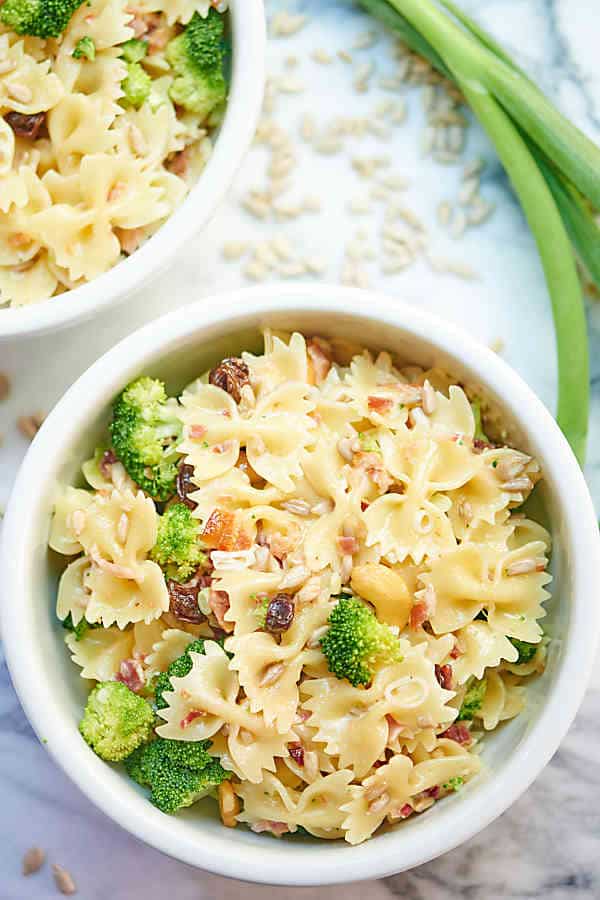 bowl of broccoli pasta salad above