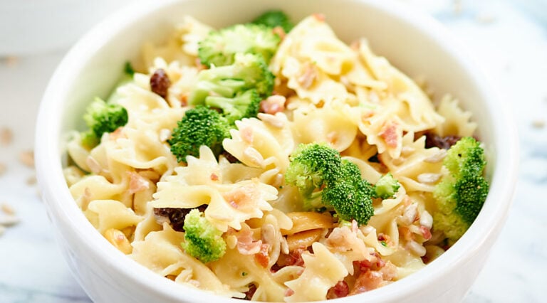 bowl of broccoli pasta salad