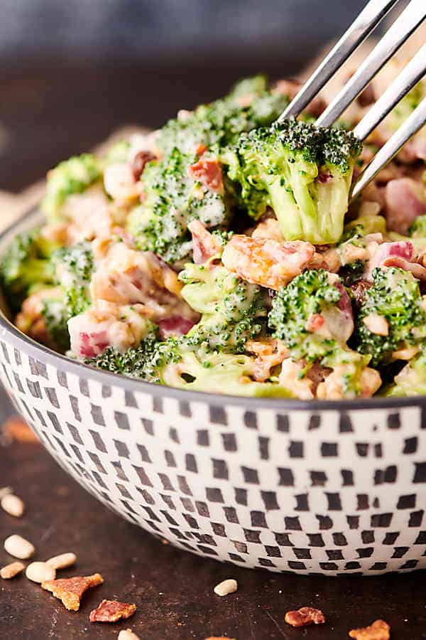 fork in bowl of broccoli salad