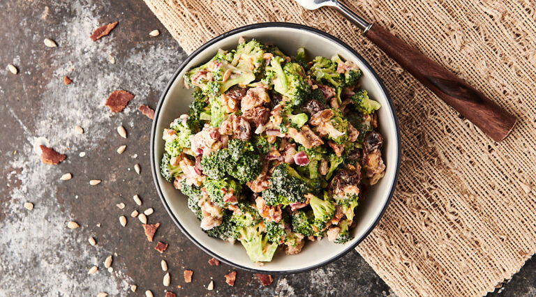 broccoli salad in bowl above