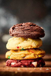 four cake mix cookies stacked