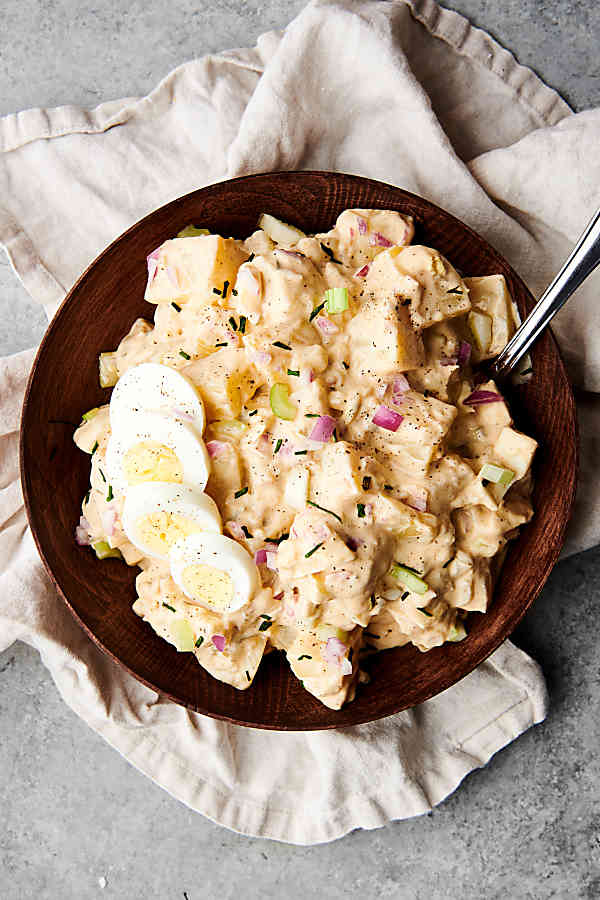 bowl of potato salad above