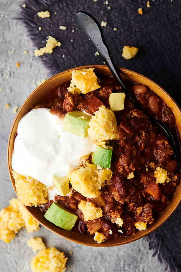 bowl of turkey chili above