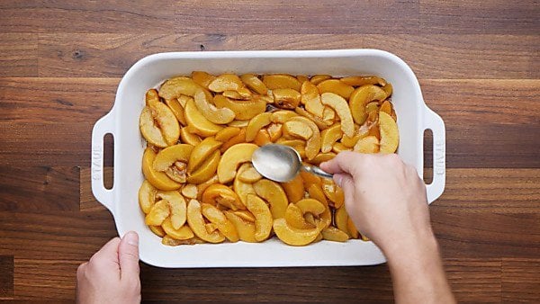 peach mixture in baking dish