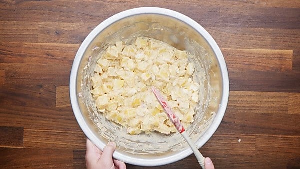finished potato salad in mixing bowl