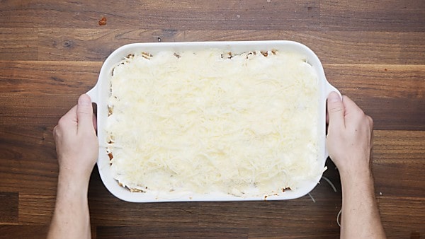 cheeses and sour cream layered on pasta in baking dish