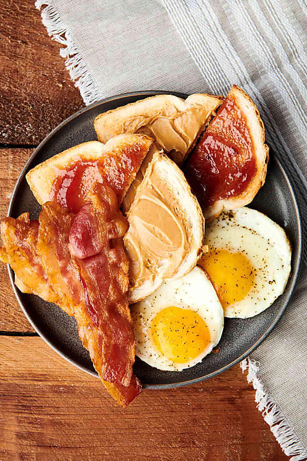 plate with fried eggs, bacon, and toast above